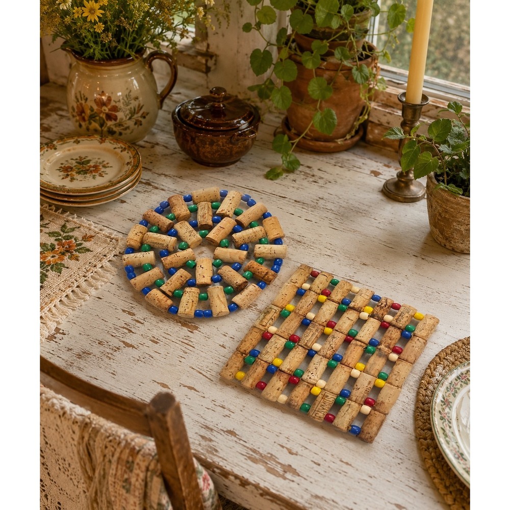 Vintage Handmade Wine‎ Cork Trivets Set of 2 Beaded Rustic Kitchen Decor Boho CA